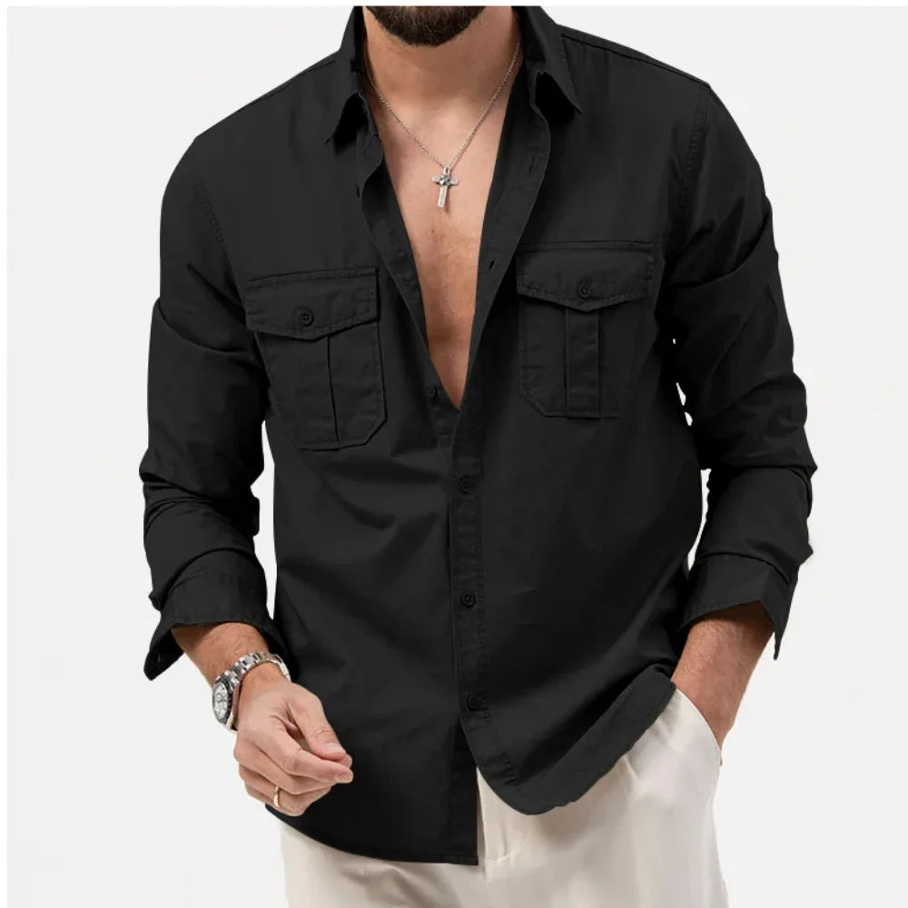 Men's outdoor wear: durable tactical button-up shirt for hiking, offering comfort & utility.