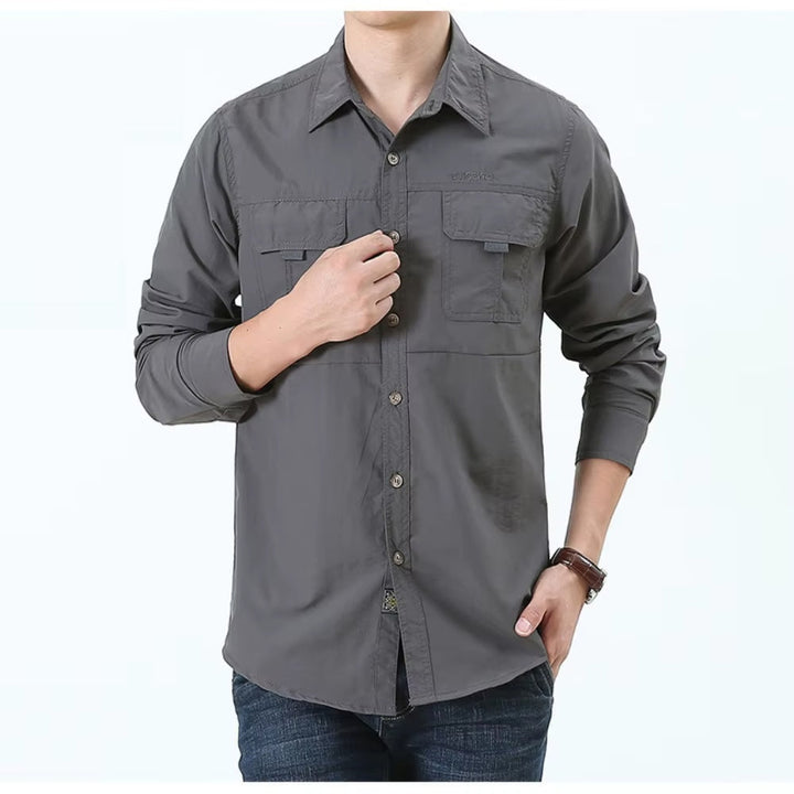 Performance men's utility shirt: quick-dry tactical button-up for adventure & casual comfort.