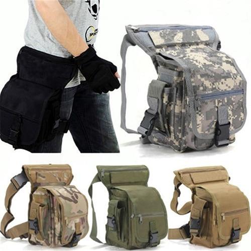 Men's rugged water-resistant drop leg bag, ideal for motorcycle riders and tactical outdoor gear.