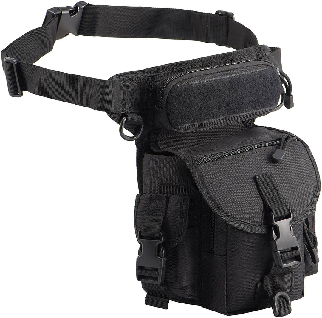 Multi-functional men's drop leg bag, water-resistant design with MOLLE system for adaptable outdoor use.