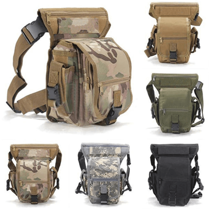 Ergonomic men's tactical drop leg bag, water-resistant and designed for comfortable outdoor and motorcycle use.