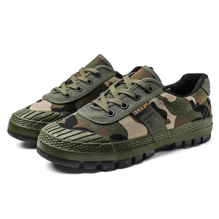 Men's rugged tactical shoes with green urban camo. Durable all-terrain sneakers for performance & comfort.