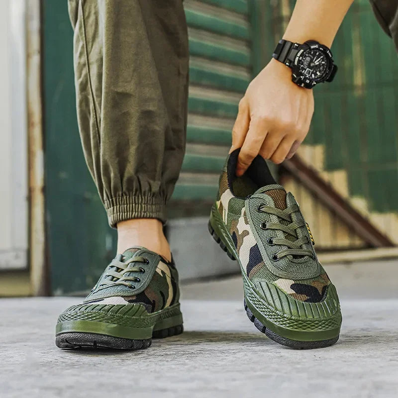 Green urban camo men's tactical shoes. Durable all-terrain sneakers designed for performance & military style.