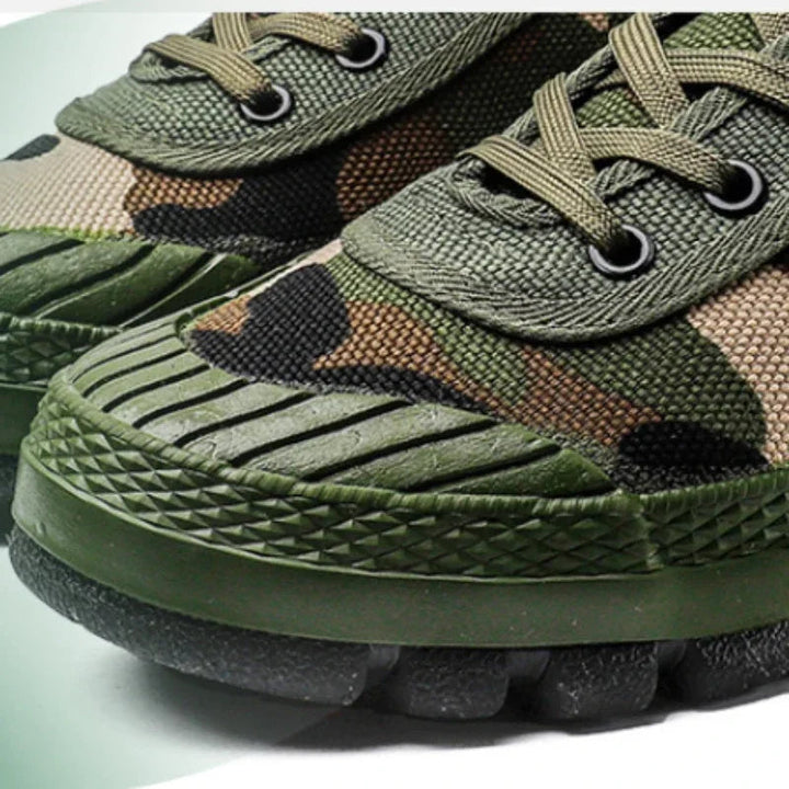 Comfortable men's performance sneakers in green urban camo. Durable all-terrain tactical footwear.