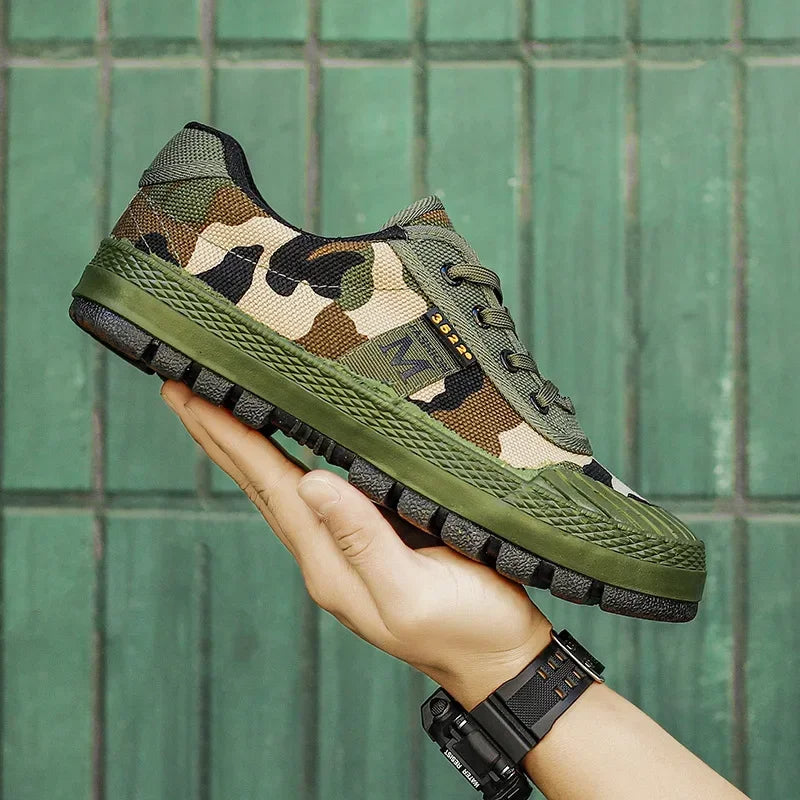 Men's durable green camo tactical sneakers, ideal for challenging all-terrain outdoor adventures.