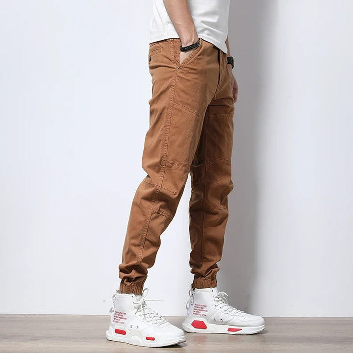 Urban men's cargo joggers with reinforced stitching for long-lasting durability.