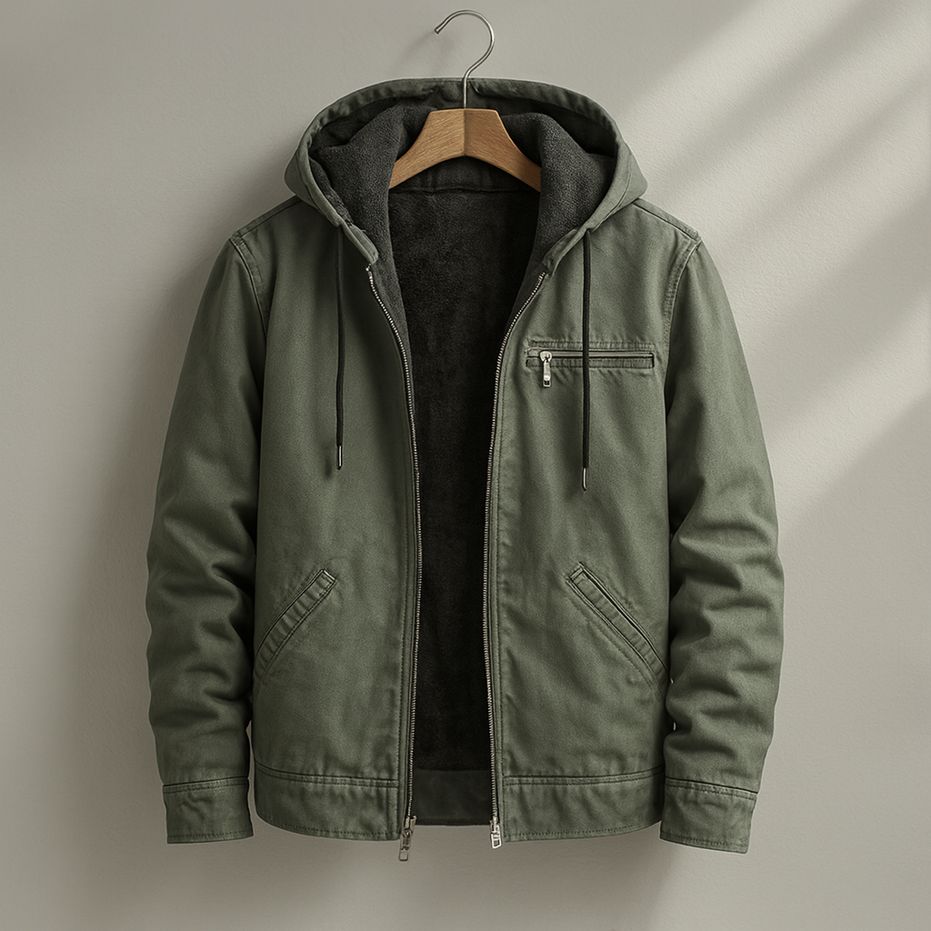 Casual men's warm-lined jacket with hood. Durable fall & winter outerwear for daily wear.