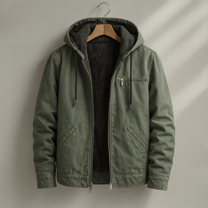 Casual men's warm-lined jacket with hood. Durable fall & winter outerwear for daily wear.