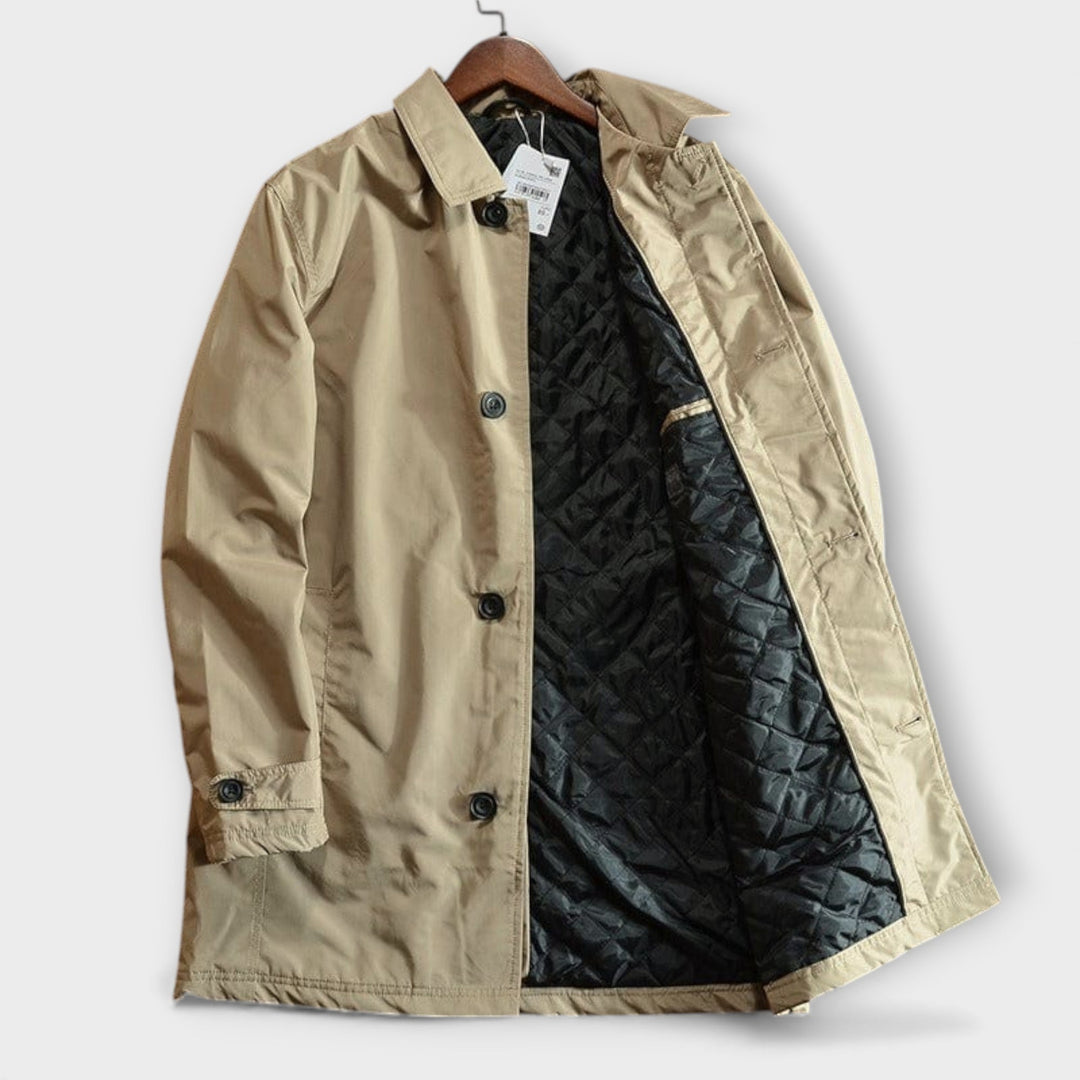 Man wearing durable weatherproof all-season coat, ideal for outdoor adventures & daily commutes.