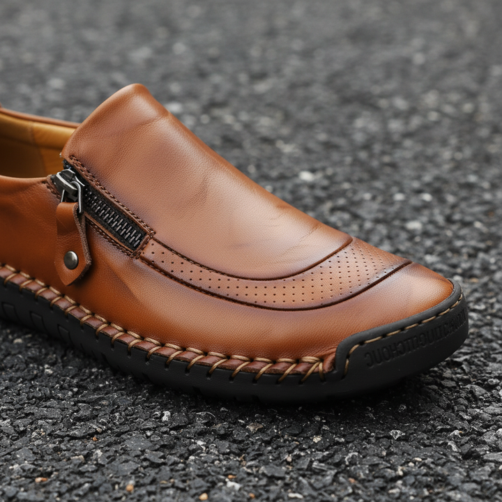 Brown men's comfort shoe Dwight with side zipper, non-slip sole, and orthopedic support