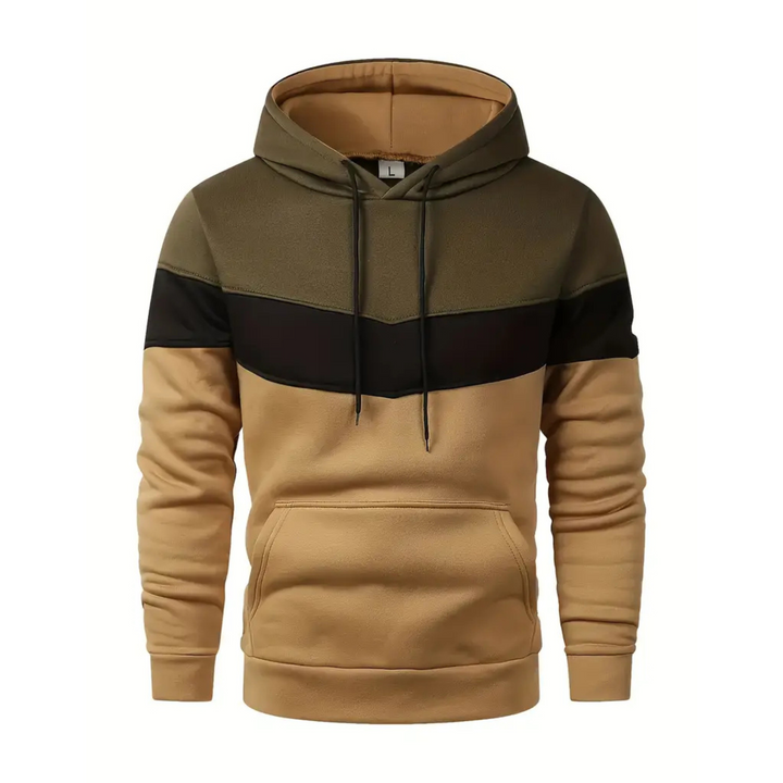 Men's dynamic colorblock pullover hoodie, ideal for athletic casual wear.