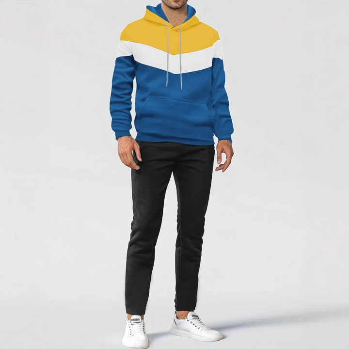 Men's colorblock pullover hoodie styled for fall fashion, a cozy & chic layering top.