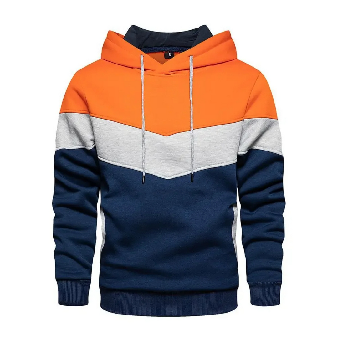 Men's dynamic colorblock pullover hoodie, perfect for a fresh & comfortable spring outfit.