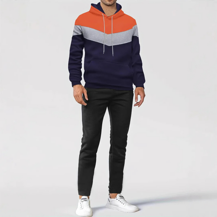 Dynamic men's colorblock pullover hoodie, ultimate street style choice for modern men.
