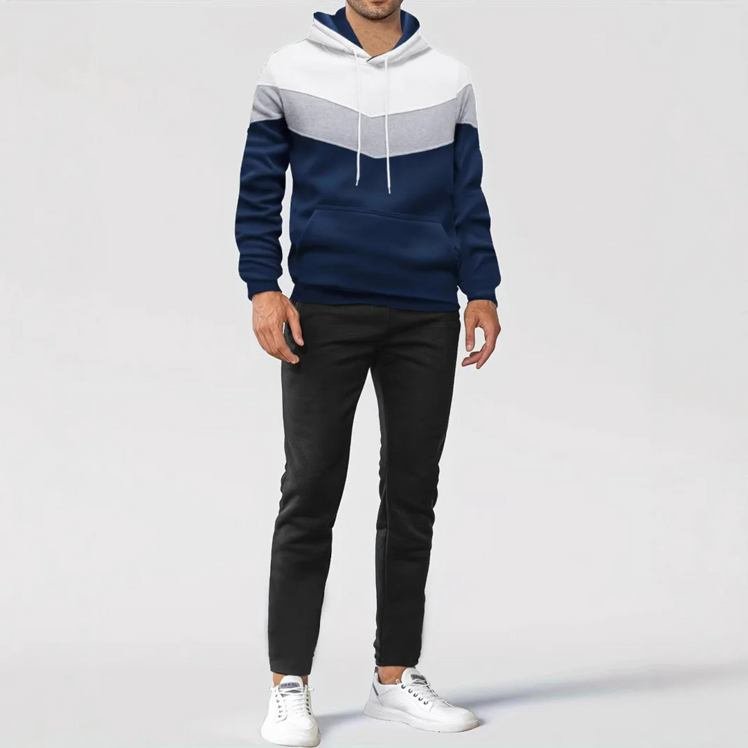 Full shot of men's dynamic colorblock pullover hoodie, comfortable for daily wear.