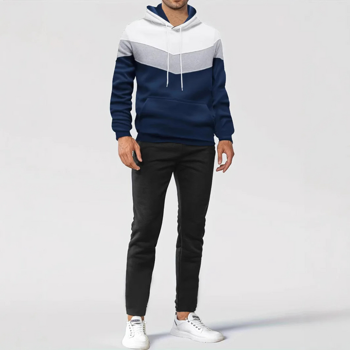 Full shot of men's dynamic colorblock pullover hoodie, comfortable for daily wear.