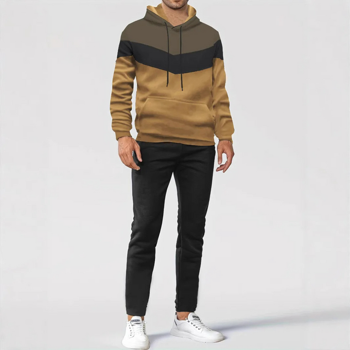 Athletic men's colorblock pullover hoodie, designed for active wear, comfort & style.