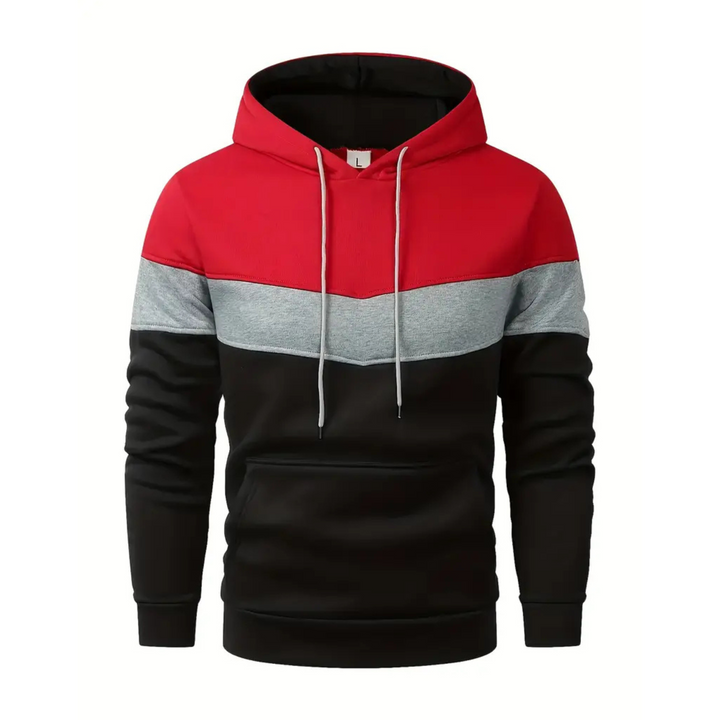 Front view of men's dynamic colorblock pullover hoodie, showcasing modern casual style.
