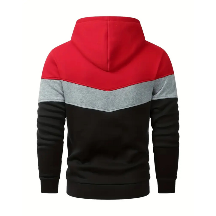 Back view of men's colorblock pullover hoodie, versatile layering top for spring & fall.