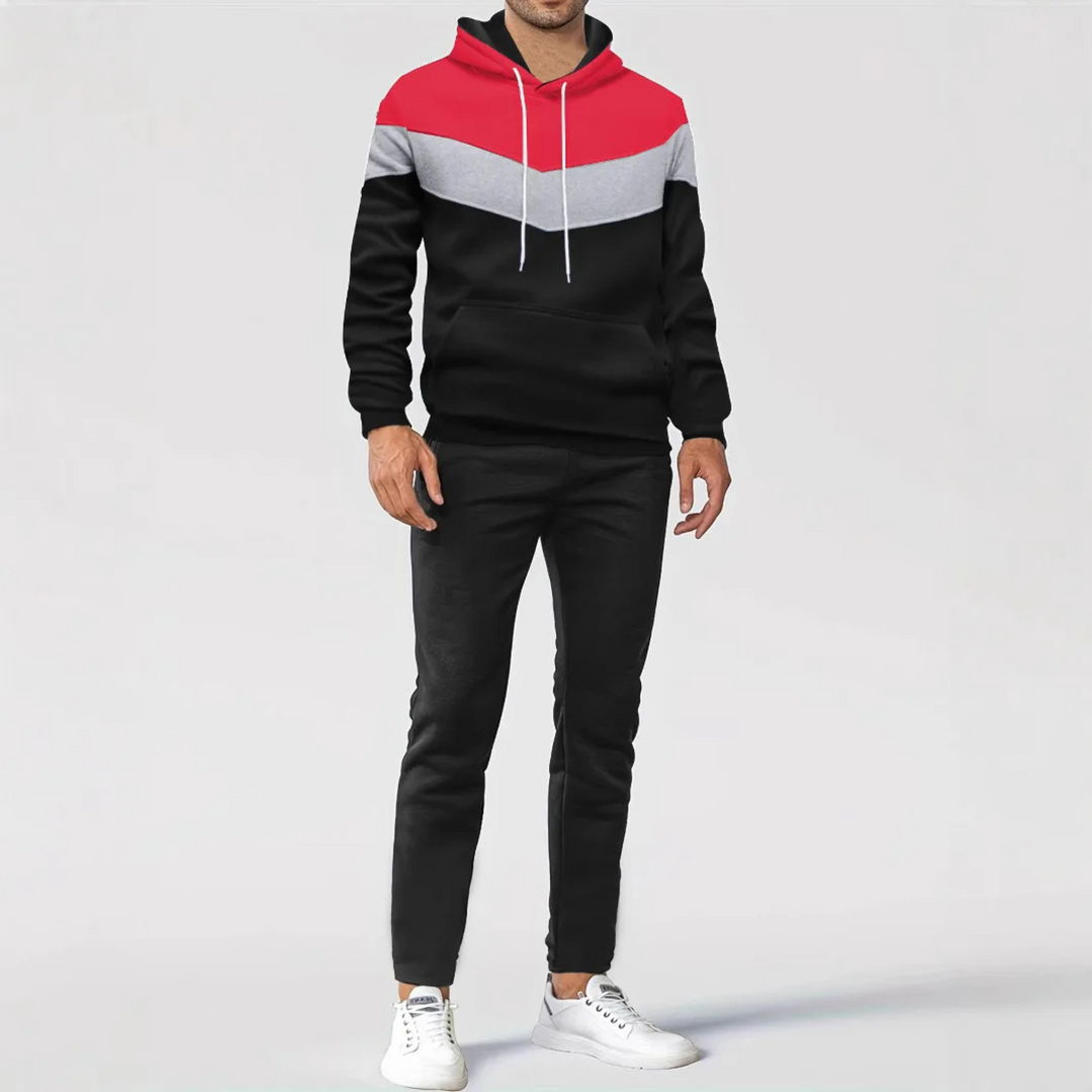 Fabric texture of men's colorblock pullover hoodie, ensuring comfort & durability.