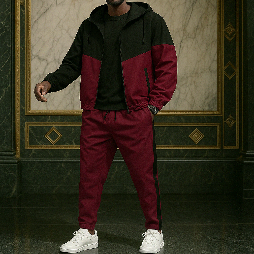 Dynamic men's fashion tracksuit, a sleek dual-tone two-piece set for modern style.