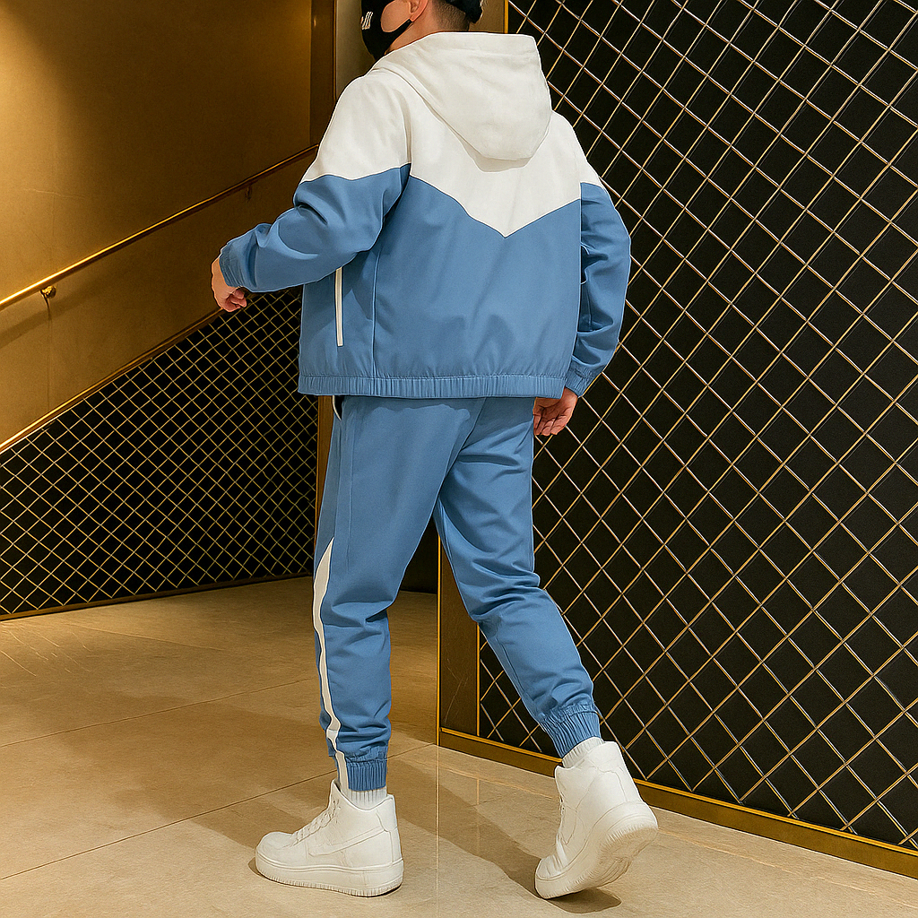 Stylish men's two-piece activewear tracksuit, featuring a modern colorblock design.