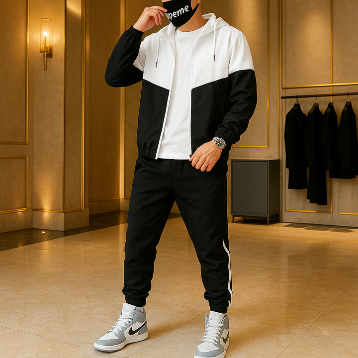 Men's streetwear tracksuit, dual-tone design, versatile for active use or casual fashion.