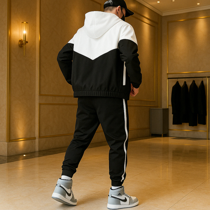 Athletic men's colorblock tracksuit, a dynamic two-piece set for activewear and comfort.
