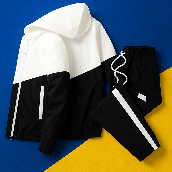 Men's dynamic activewear tracksuit, a comfortable two-piece set for fitness or leisure.