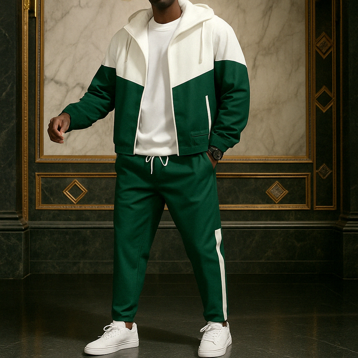 Trendy men's colorblock tracksuit, offering a comfortable fit for loungewear and streetwear.