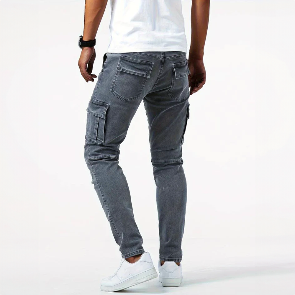 Stylish men's cargo jeans, dynamic fit, ideal for casual wear & modern urban fashion.