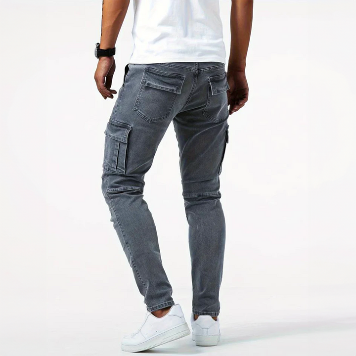 Stylish men's cargo jeans, dynamic fit, ideal for casual wear & modern urban fashion.