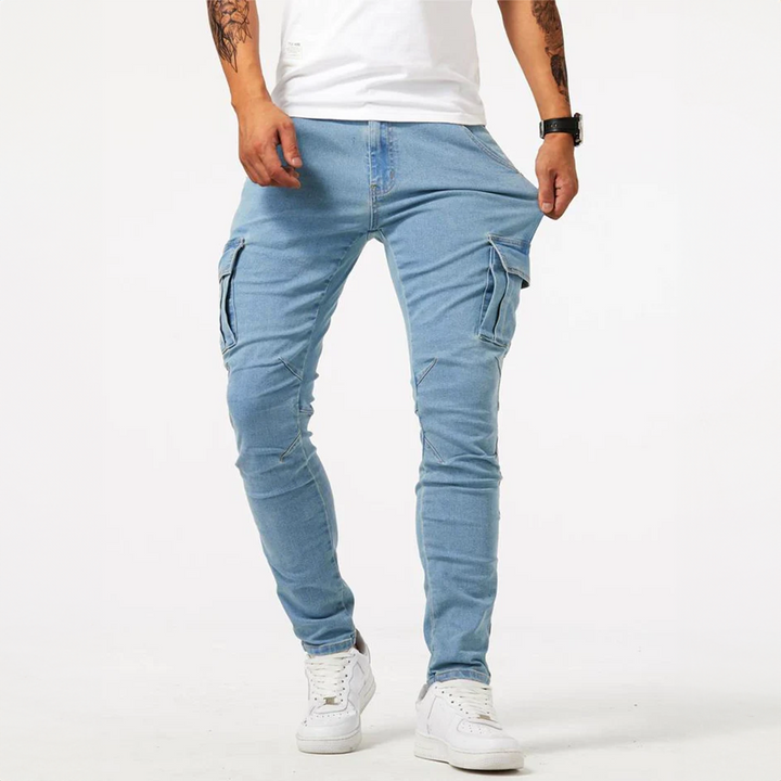 Modern men's cargo jeans, dynamic fit, combining comfort with urban fashion style.