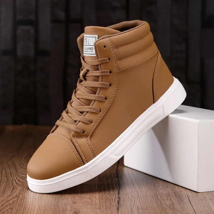 Modern men's high-top athletic sneakers, dynamic comfort, bold look for casual street style.
