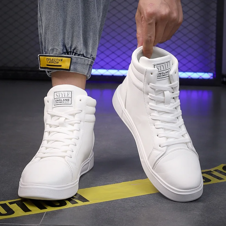 Fashionable men's high-top sneakers, dynamic comfort, bold statement for urban street style.