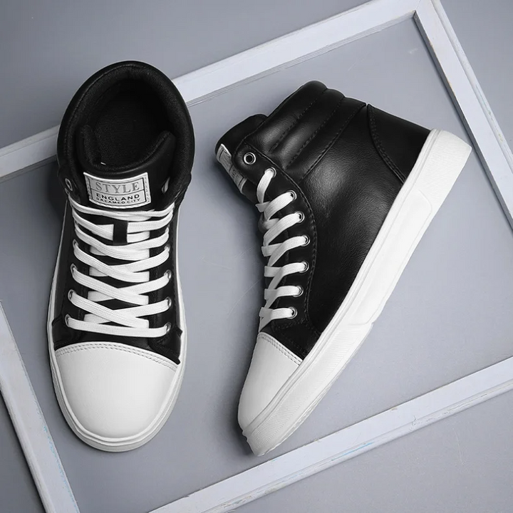 Dynamic men's high-top sneakers, eye-catching bold design, comfortable for street & athletic wear.