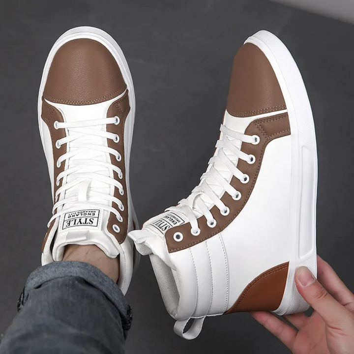 Contemporary men's high-top sneakers, dynamic comfort & bold street style for trendy footwear.
