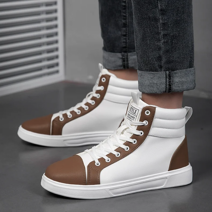 Men's high-top sneakers, sleek profile, dynamic bold design, comfortable for casual athletic wear.