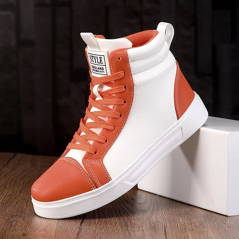 Dynamic black & white men's high-top sneakers, bold style & comfort for trendy street fashion.