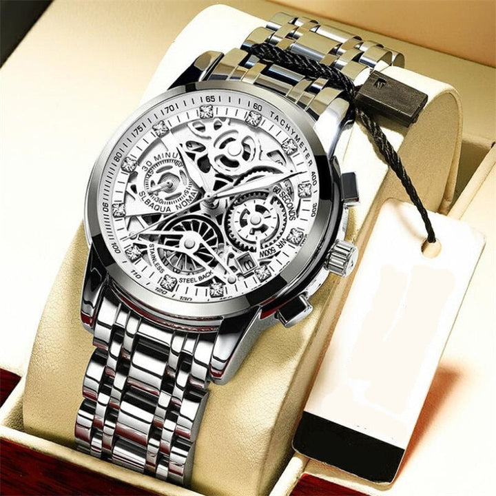 Men's Eclipse automatic skeleton watch, showing intricate mechanical movement and luxurious design.