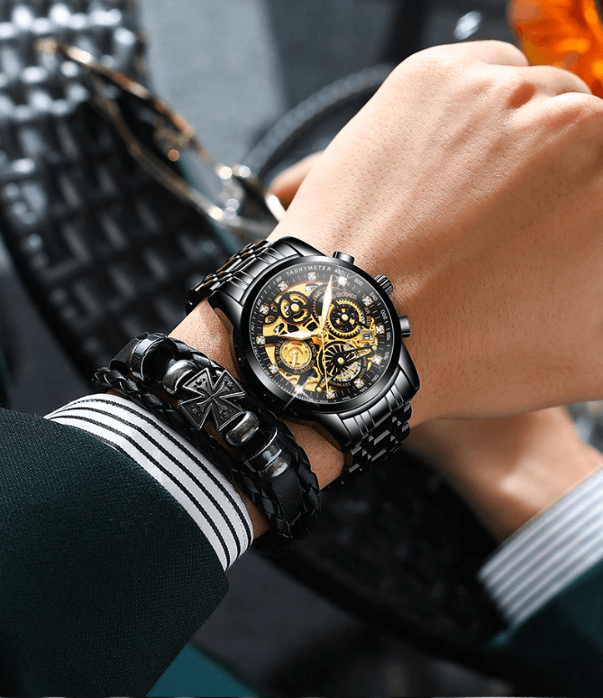 Men's automatic watch, the Eclipse skeleton model, a classic luxury accessory with exposed gears.