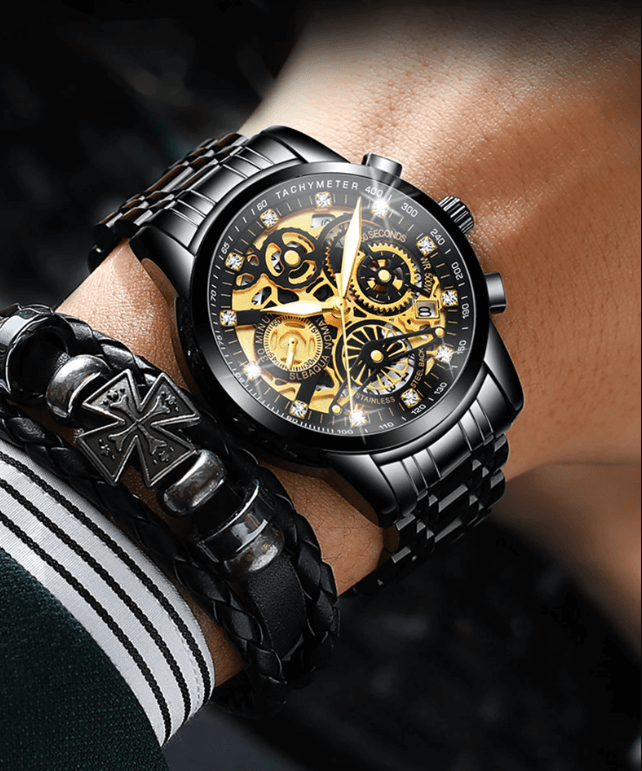 Modern classic men's automatic skeleton watch, a luxurious stainless steel timepiece with visible movement.