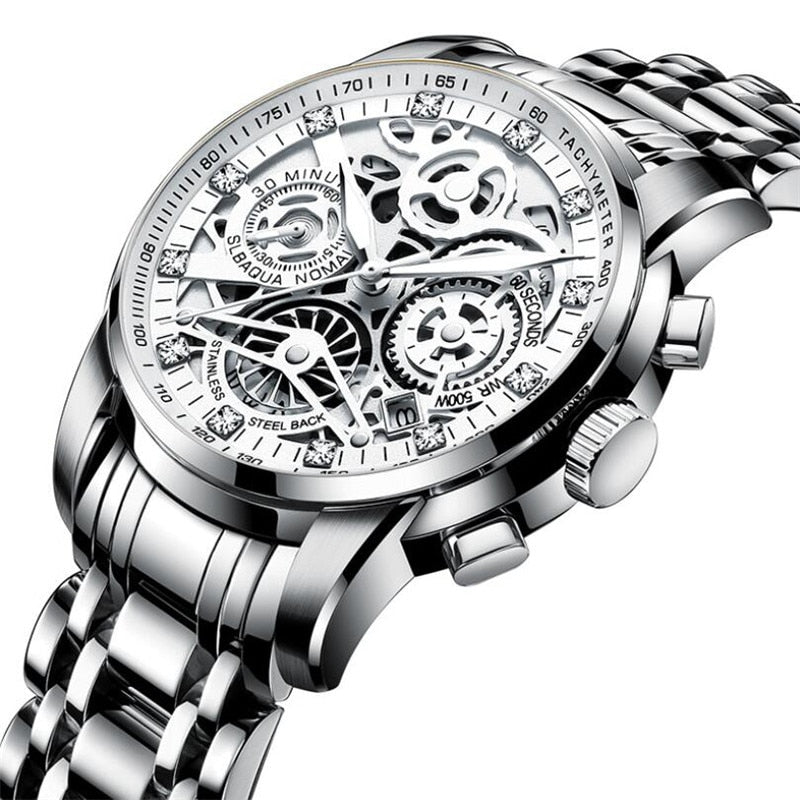 Luxury men's skeleton watch with an automatic movement and durable stainless steel case.