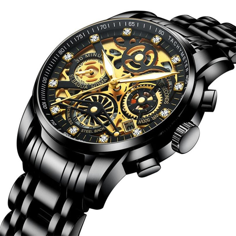 Elegant men's luxury skeleton watch, featuring an automatic movement and a refined stainless steel finish.