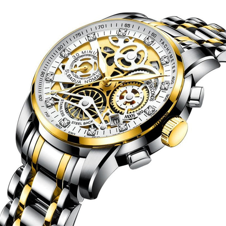 Close-up of the Eclipse automatic skeleton watch, highlighting its precise mechanical engineering.
