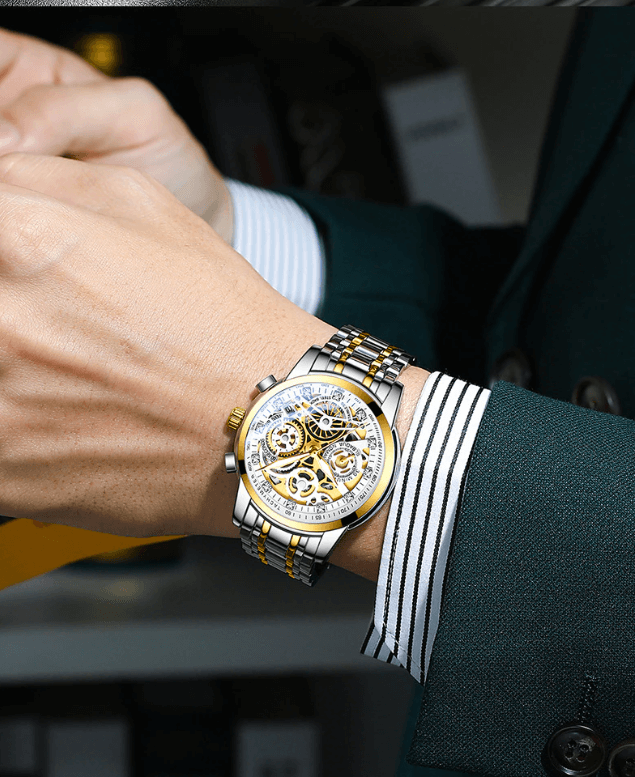 Detailed view of the Eclipse men's luxury automatic skeleton watch, an intricate mechanical marvel.