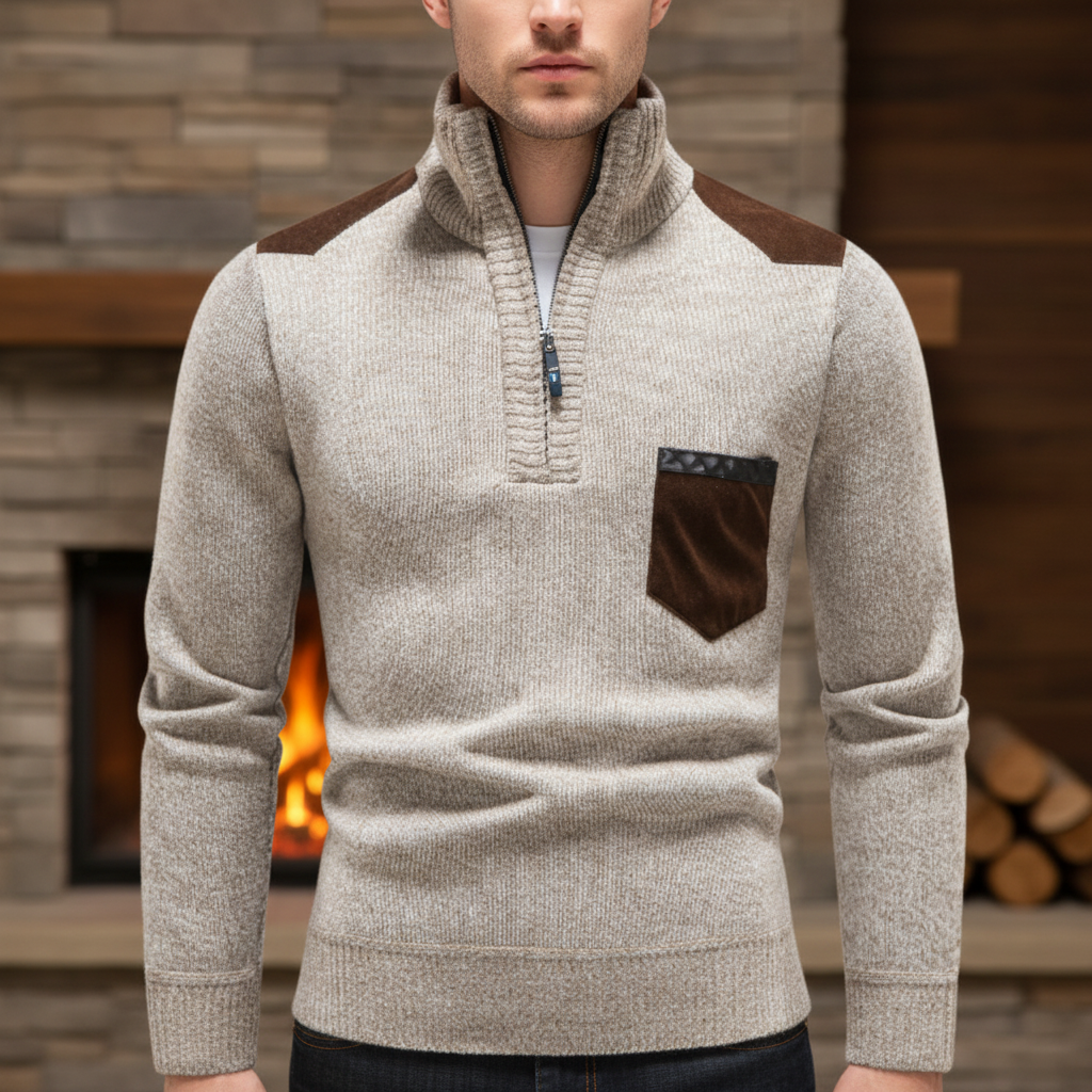 Men's Edge-Zipper Neck Long-Sleeve Jumper, black, for casual winter fashion