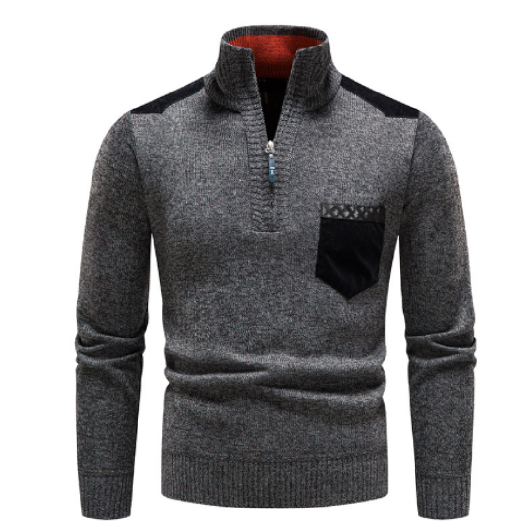 Detail shot of the fabric and edge zipper on a men's casual long-sleeve jumper