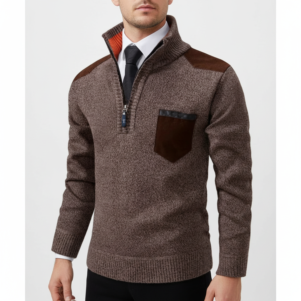 Casual men's long-sleeve jumper in a dark color with unique edge zipper neckline