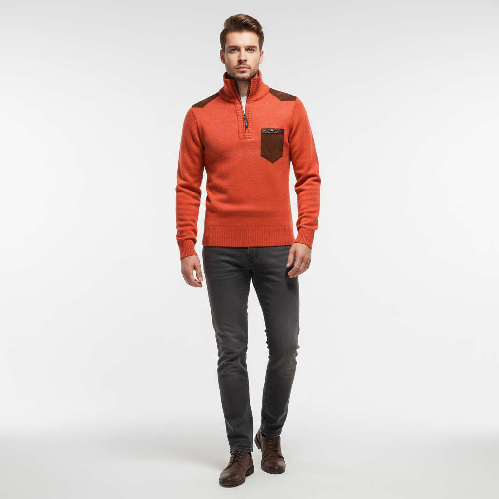 Men's long sleeve sweater with subtle edge zipper, comfortable for daily wear